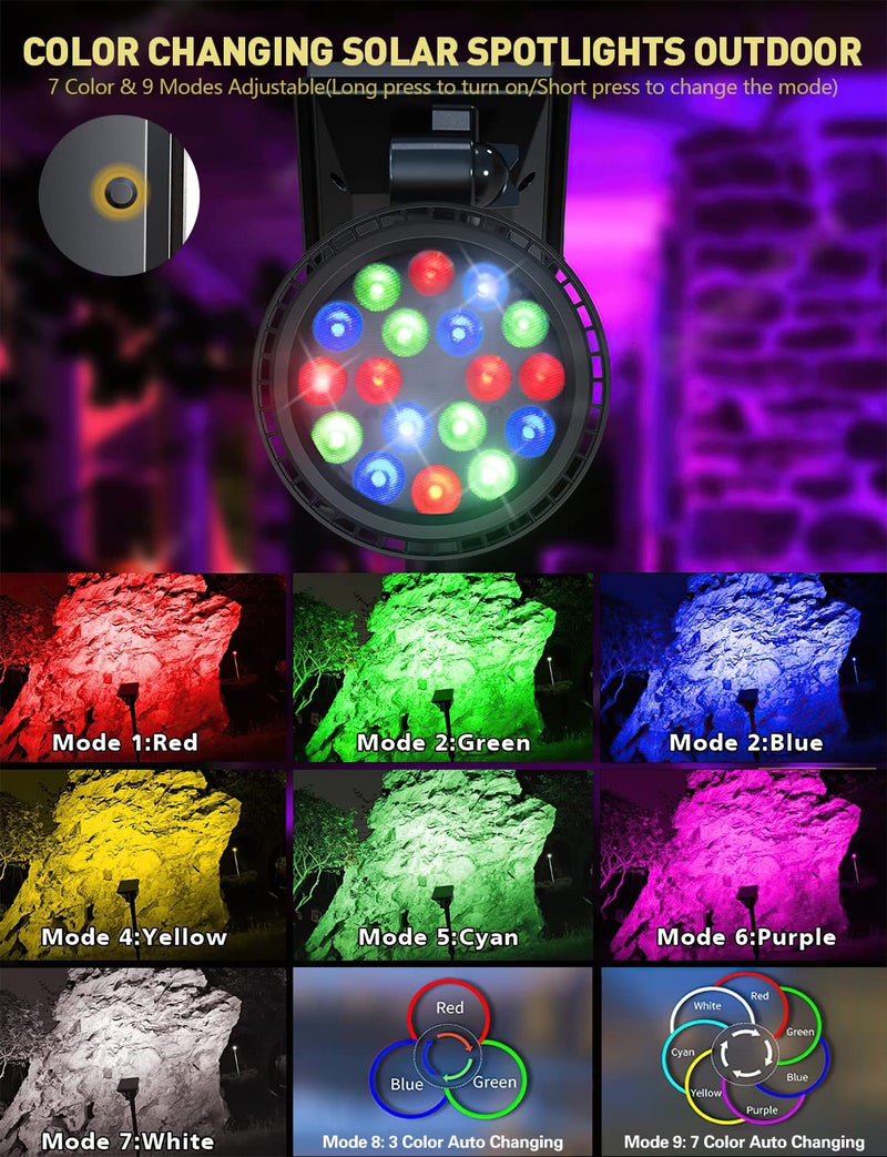 OSORD Solar Outdoor Lights, 9 Modes Color Changing 18 LED Halloween Solar Spot Lights Outdoor Waterproof Spotlight Landscape Light Solar Powered for Garden Yard Tree Flag Patio Christmas(2 Pack) - Image 2